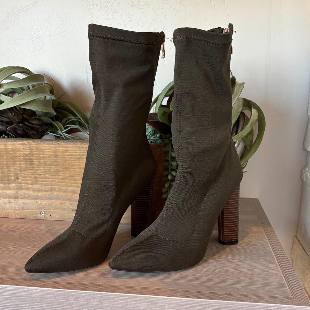 Stretch-Knit Sock Booties in Olive Green